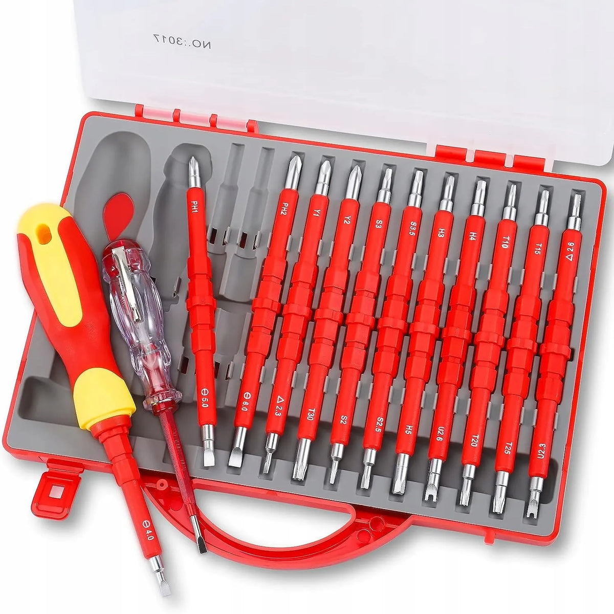 „Kraft&Dele KD5971“ izoliuotų atsuktuvų rinkinys, 25 dydžiai, elektrikui, su lagaminu