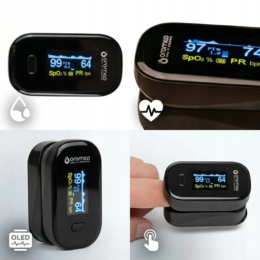 Medyczny pulsoksymetr napalcowy Oromed Oximeter z wyświetlaczem OLED, czarny + smycz