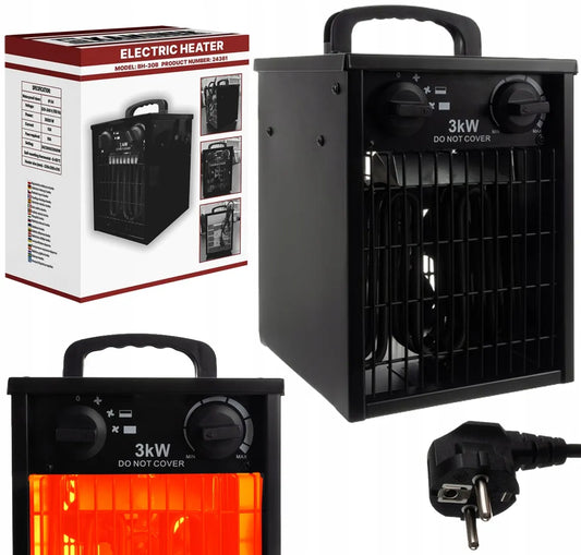 PAKO elektrinis šildytuvas ventiliatorius su termostatu, galingas 3kW 3000W