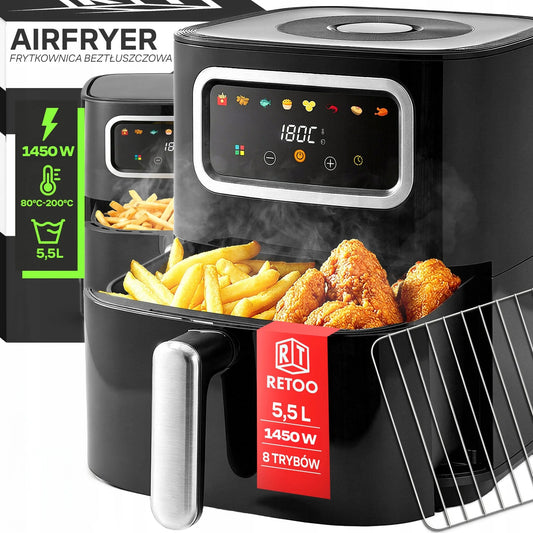 RETOO gruzdintuvė be aliejaus „Air Fryer“, 1450 W, 5,5 l dubuo, 8 programos