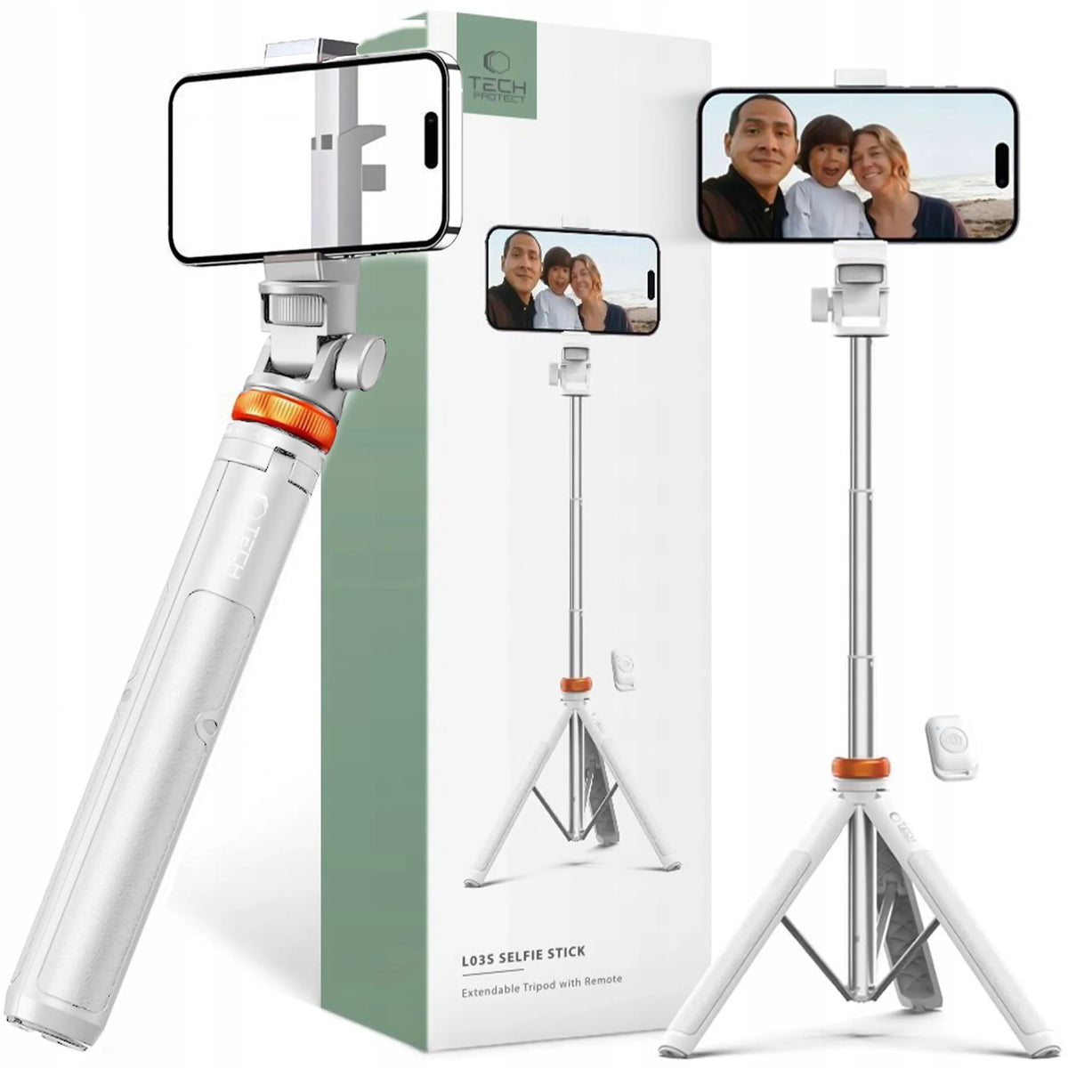 Selfie lazda, trikojis stovas su Bluetooth, telefono laikiklis nuotraukoms ir nuotoliniu valdikliu Tech-Protect L03S, balta