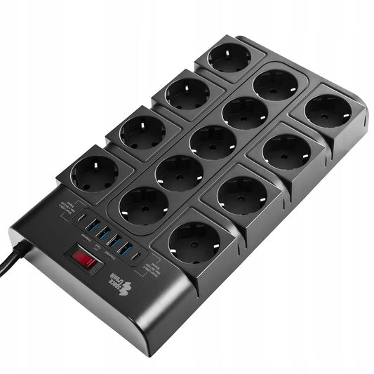 Spacetronik elektros lizdų blokas, ilgintuvas, 13 lizdų, 6xUSB, 2m