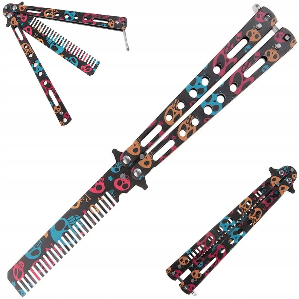Spalvotas balisong stiliaus šukų peilis