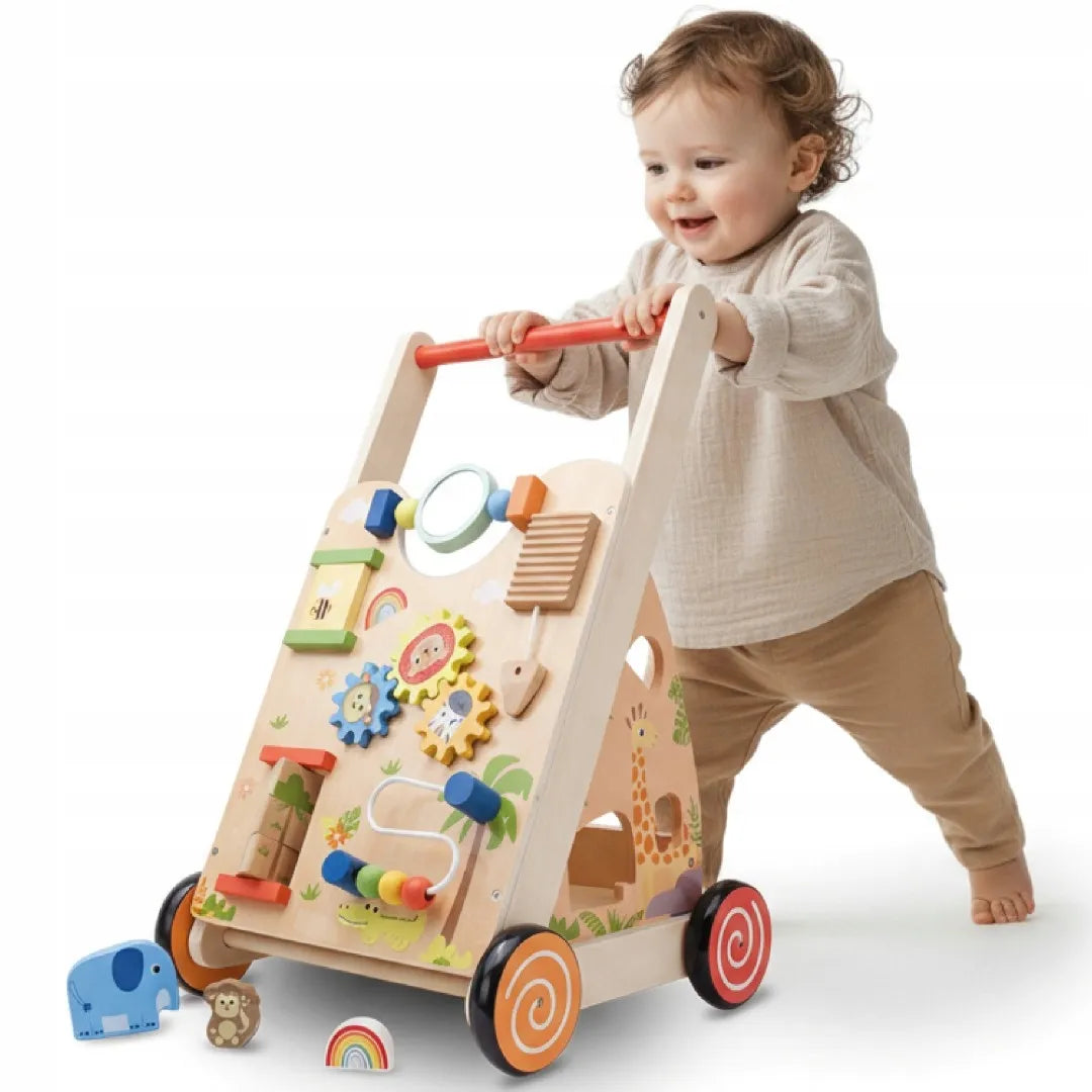 Sun Baby medinė 2-in-1 vaikštynė su manipuliacine lenta ir rūšiuokliu XXL