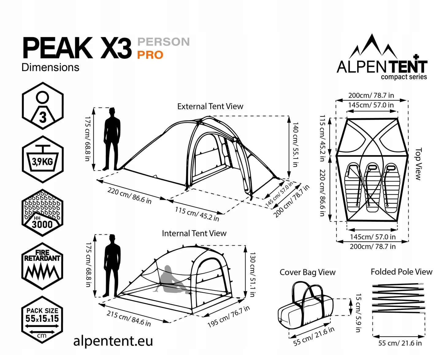 Trivietė palapinė AlpenTent Peak X3 PRO 3,9 kg