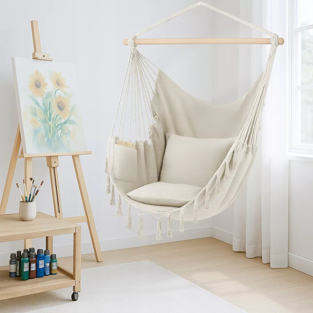 Pakabinamas BOHO krėslas Braziliška kėdė Sodo hamakas balkonui ŠVIESIAI SMĖLINĖ
