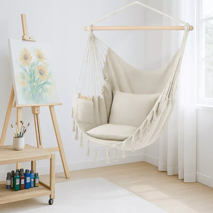 Pakabinamas BOHO krėslas Braziliška kėdė Sodo hamakas balkonui ŠVIESIAI SMĖLINĖ