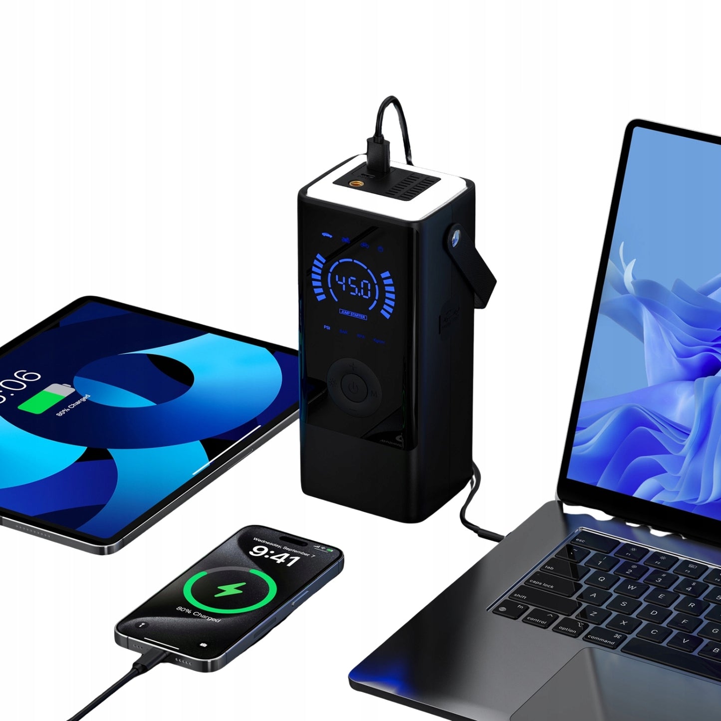 JUMP STARTER 4w1 AUTOMOBILIO UŽVEDIMAS KOMPRESORIUS POWERBANK ŽIBINTUVĖLIS LCD EKRANAS