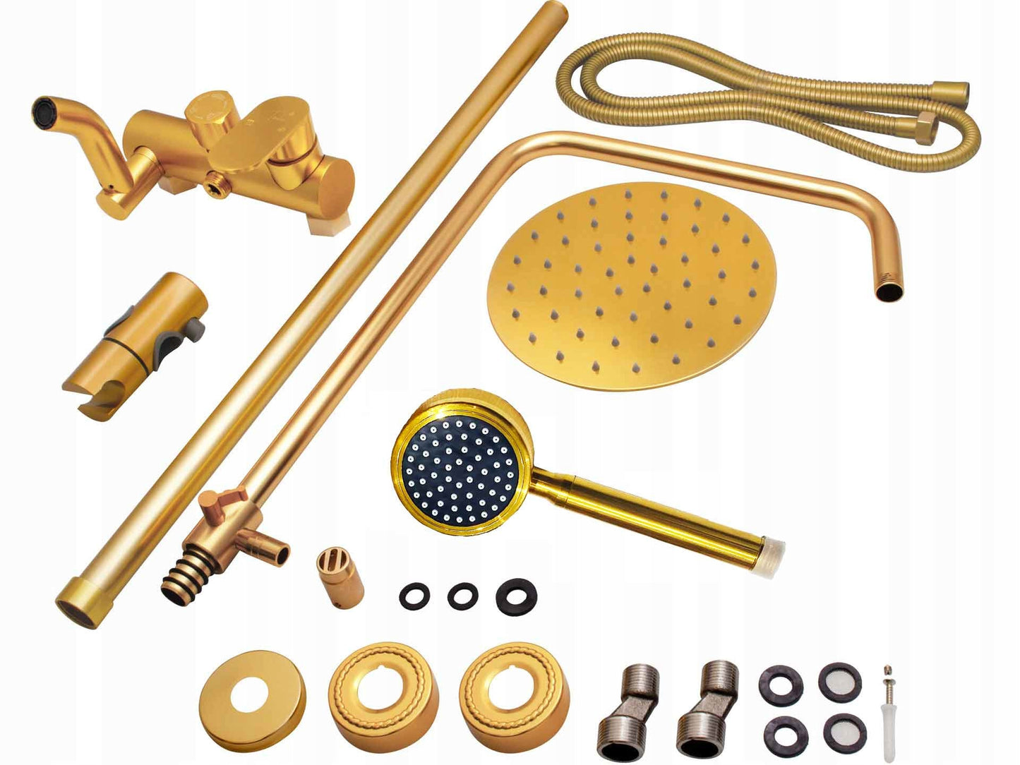 Auksinis Dušo Komplektas, Stulpas, Maišytuvas, Lietaus Galvutė, Dušelis 1,5m, Loft, CE