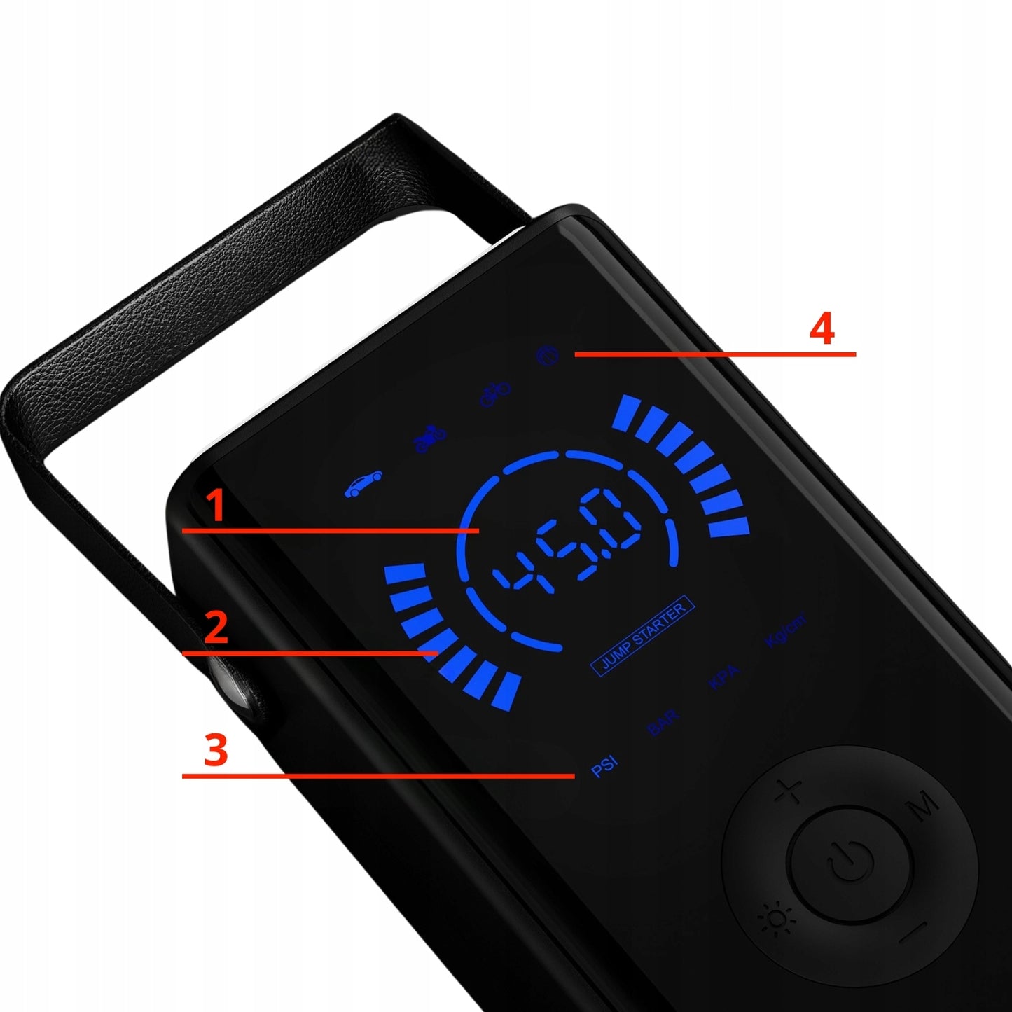 JUMP STARTER 4w1 AUTOMOBILIO UŽVEDIMAS KOMPRESORIUS POWERBANK ŽIBINTUVĖLIS LCD EKRANAS