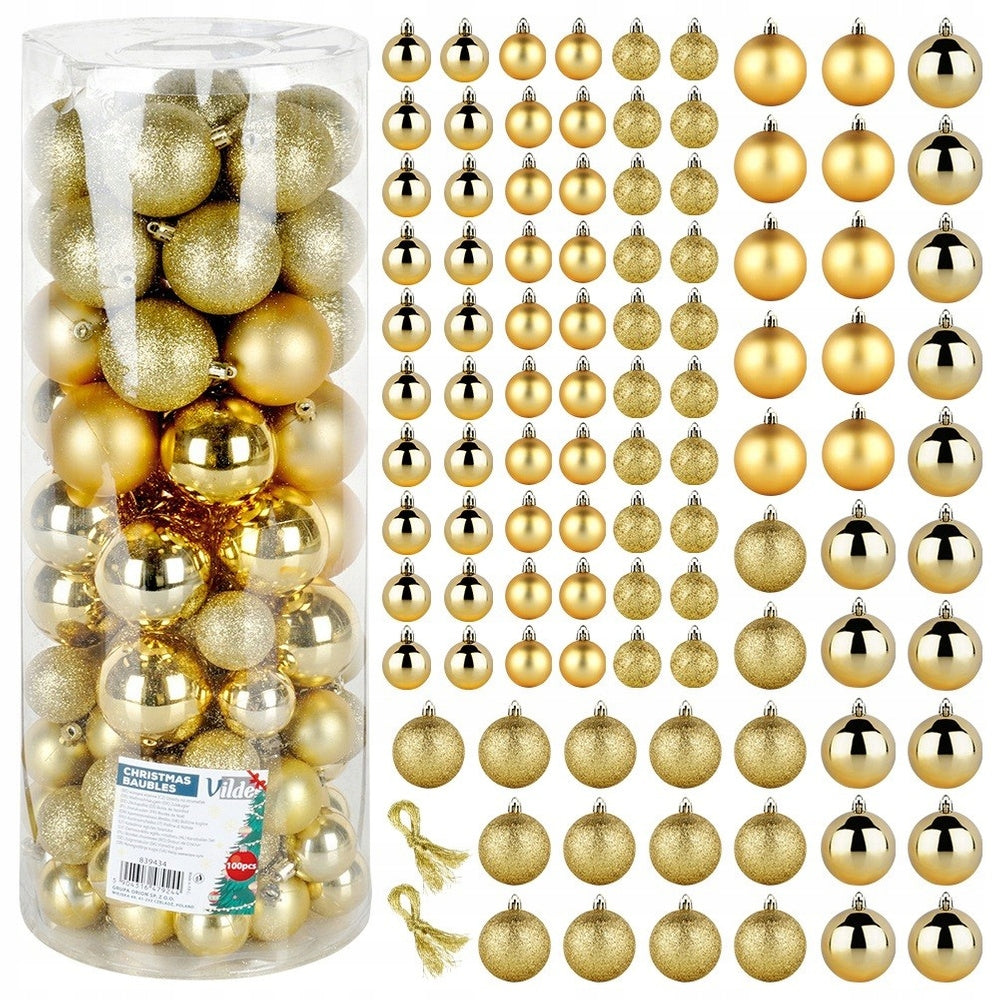 100 vnt. Kalėdinės eglutės papuošalai, nedūžtantys, auksiniai rinkinys