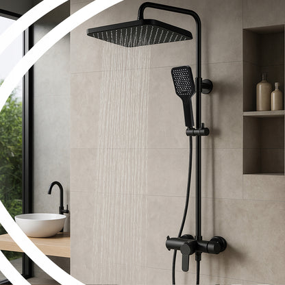 Juodas sieninis dušo komplektas su lietaus ir rankine galvutėmis