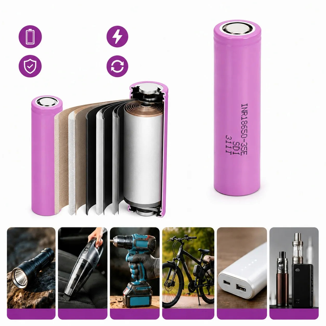 10x INR18650-35E 3500mAh Li-Ion 18650 3,7V akumuliatoriai žibintuvėliams, išoriniams akumuliatoriams ir garintuvams