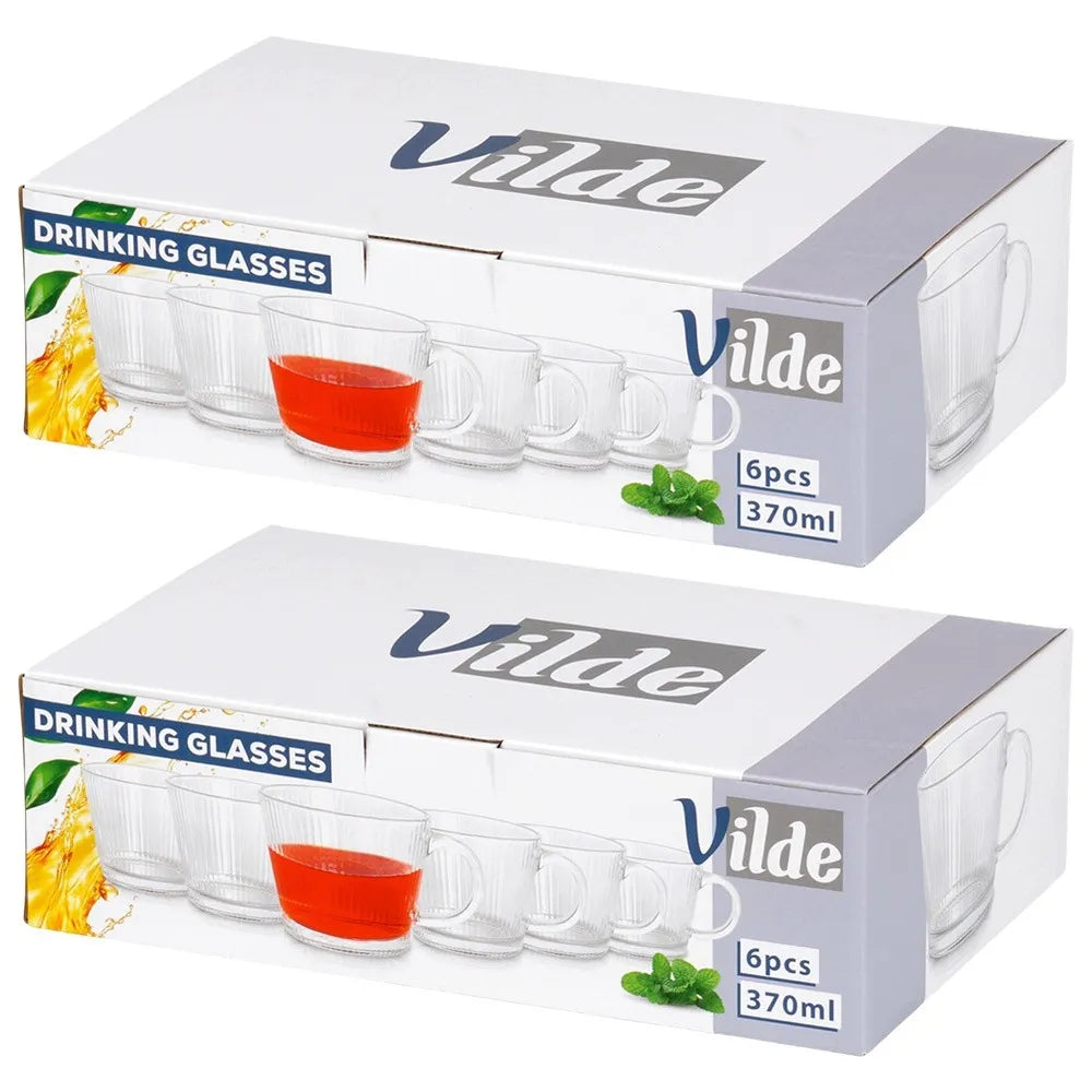 12 vnt. dekoruotos stiklinės kavai, arbatai ir gėrimams, 370 ml rinkinys