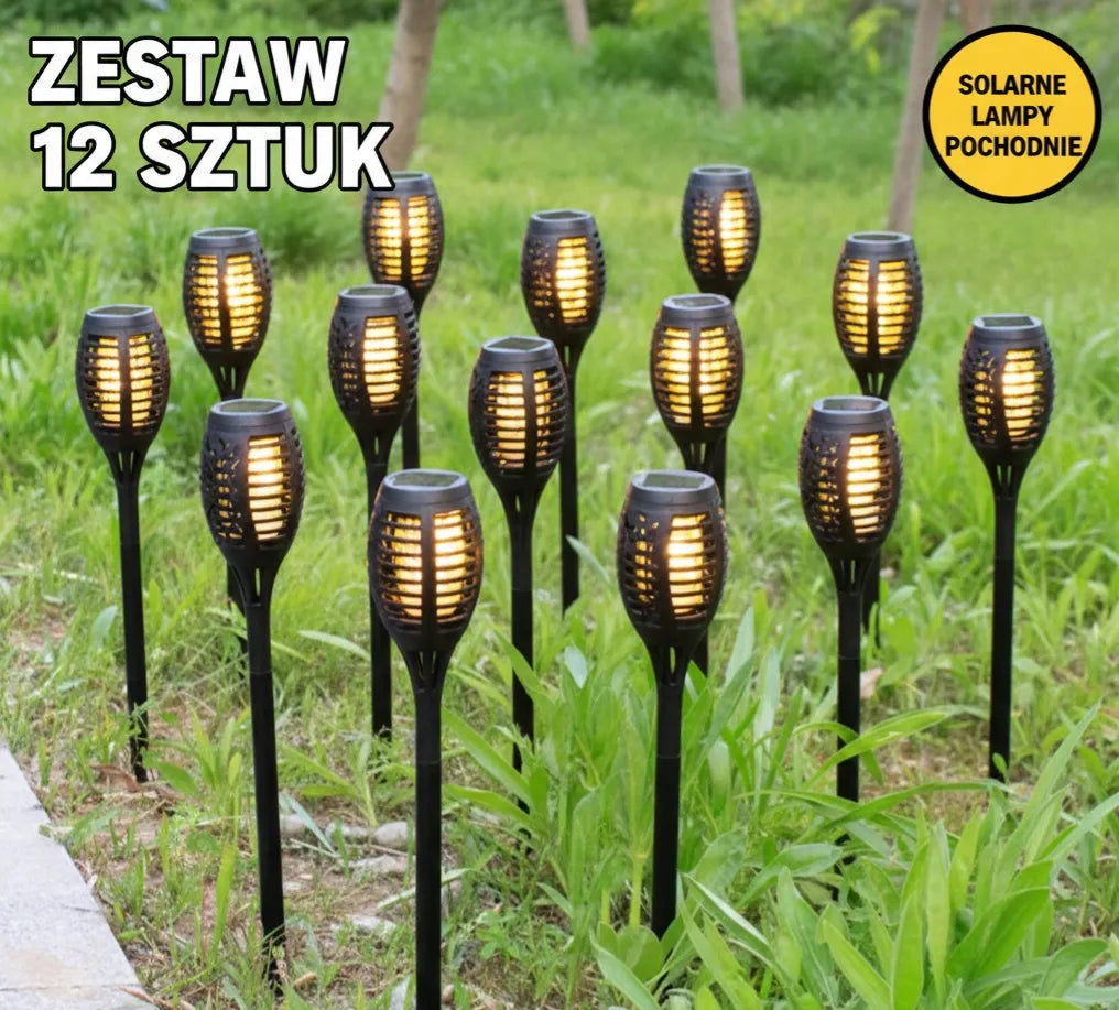 12vnt. LED saulės sodo šviestuvai, deglų imitacija, įsmeigiami 51 cm