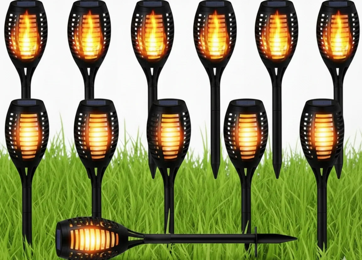 12vnt. LED saulės sodo šviestuvai, deglų imitacija, įsmeigiami 51 cm
