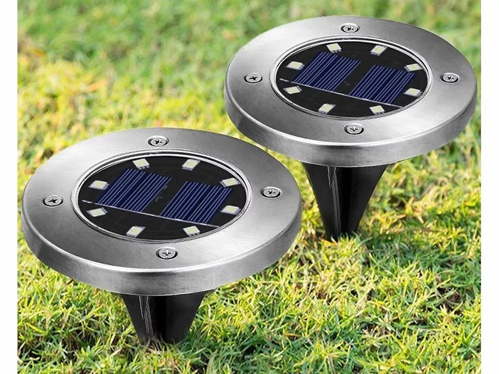 12 vnt. LED saulės energija varomi sodo šviestuvai, įsmeigiami į žemę, disko formos, galingi, 8 LED