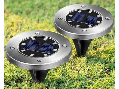 12 vnt. LED saulės energija varomi sodo šviestuvai, įsmeigiami į žemę, disko formos, galingi, 8 LED