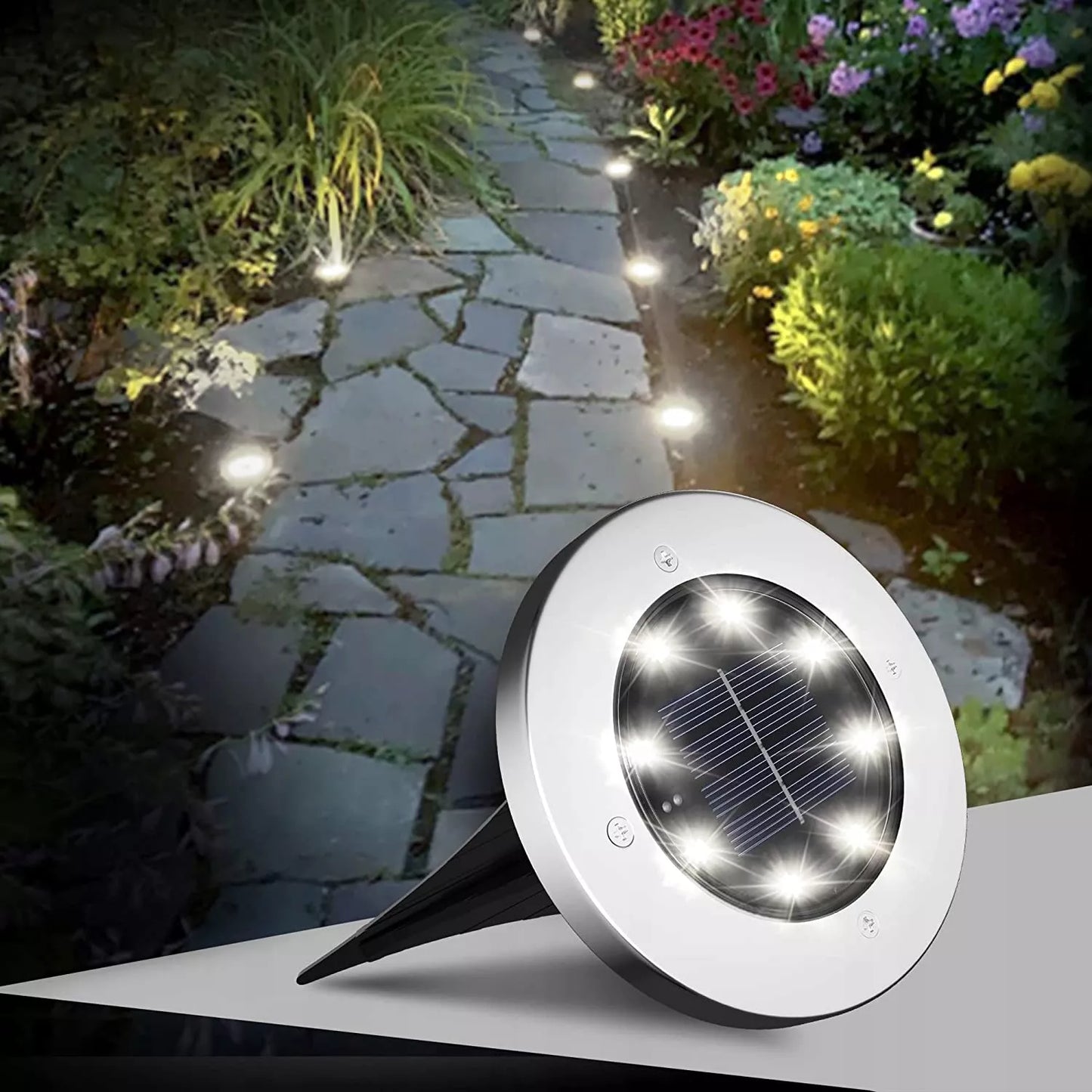 12 vnt. LED saulės energija varomi sodo šviestuvai, įsmeigiami į žemę, disko formos, galingi, 8 LED