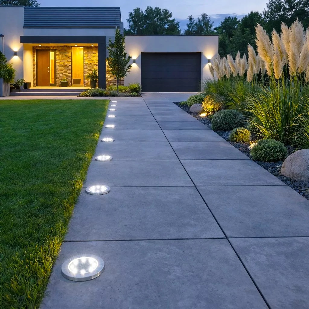 12 vnt. LED saulės energija varomi sodo šviestuvai, įsmeigiami į žemę, disko formos, galingi, 8 LED