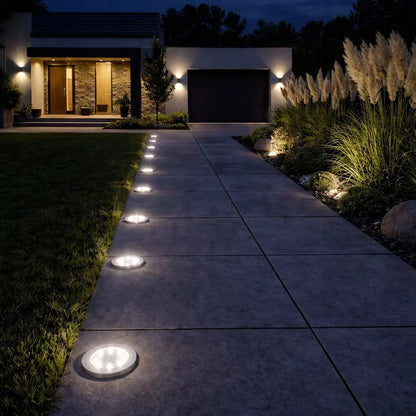 12 vnt. LED saulės energija varomi sodo šviestuvai, įsmeigiami į žemę, disko formos, galingi, 8 LED