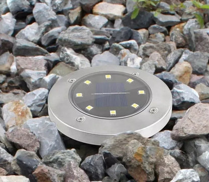 12 vnt. LED saulės energija varomi sodo šviestuvai, įsmeigiami į žemę, disko formos, galingi, 8 LED