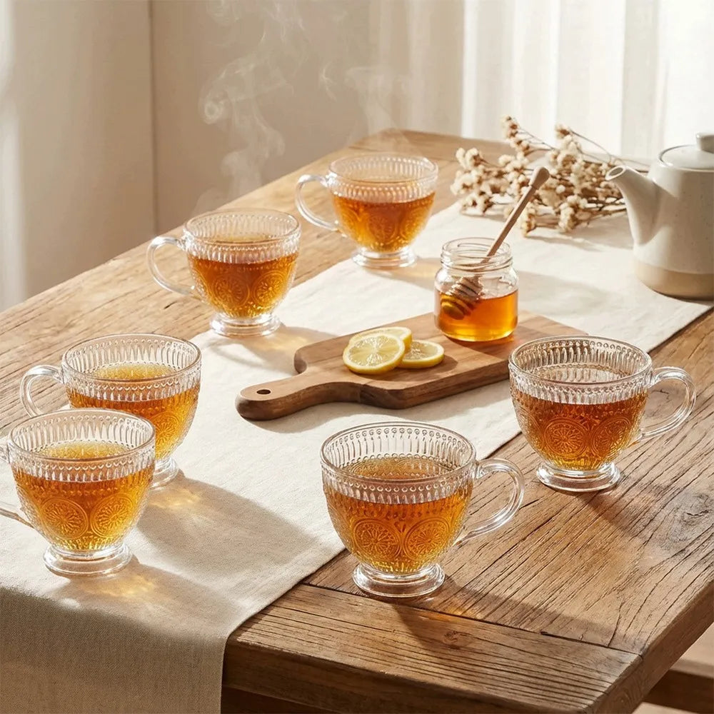 12x dekoruotos stiklinės kavai, arbatai ir gėrimams, 400 ml rinkinys