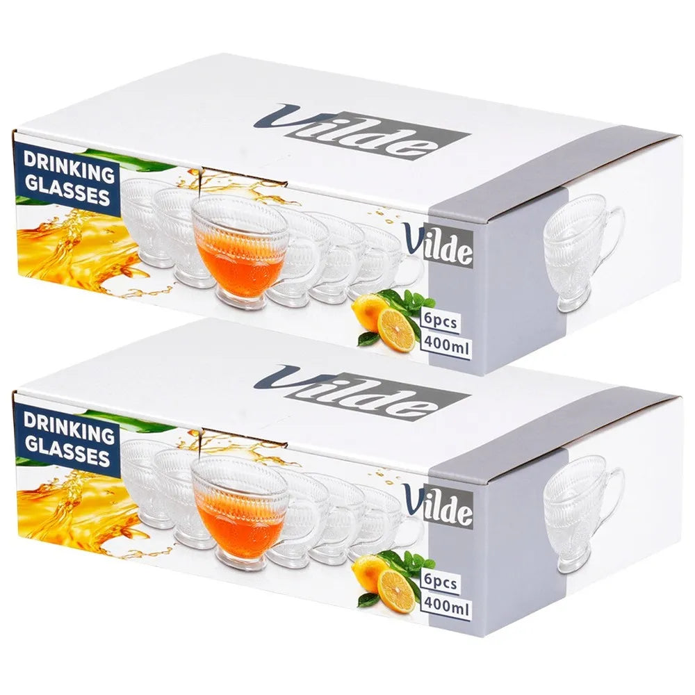12x dekoruotos stiklinės kavai, arbatai ir gėrimams, 400 ml rinkinys