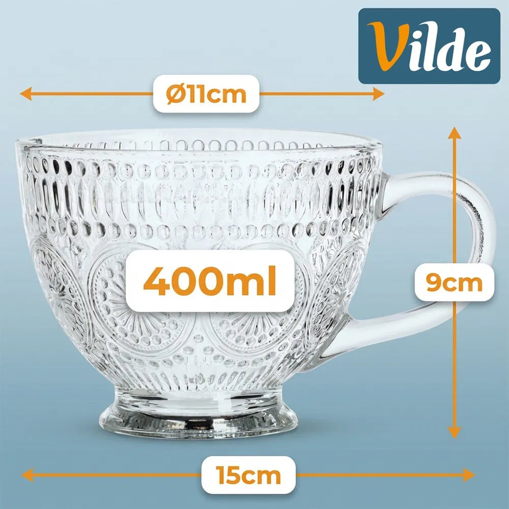 12x dekoruotos stiklinės kavai, arbatai ir gėrimams, 400 ml rinkinys