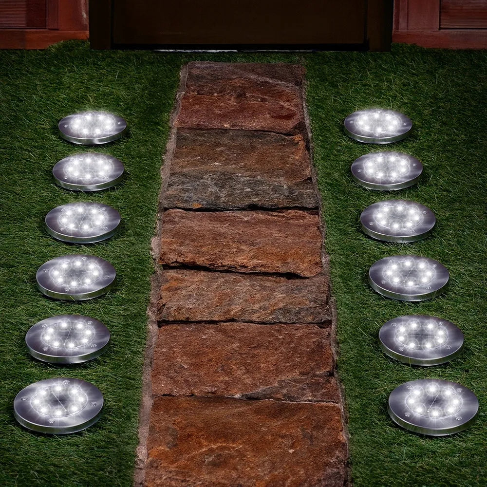 12x saulės energija maitinami sodo šviestuvai, įkasami LED disko formos šviestuvai su jutikliu