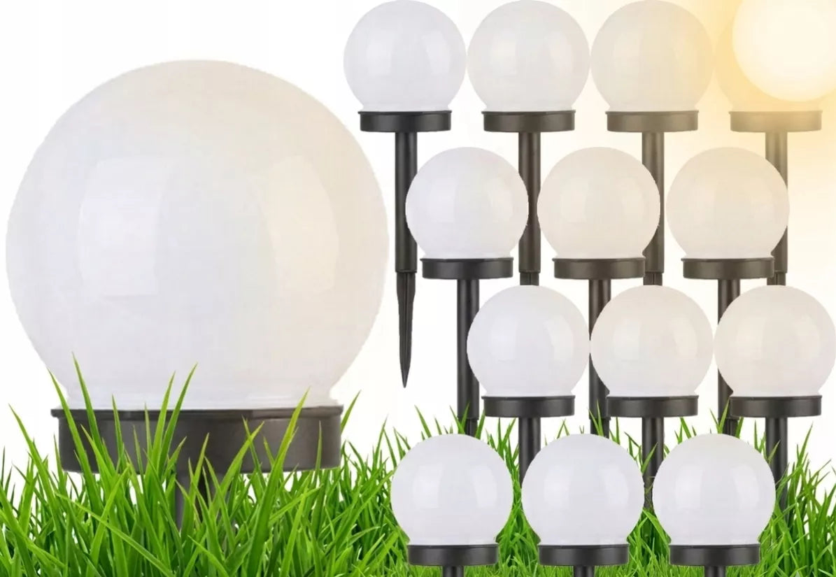 12x Solarinė sodo LED lempa, rutulio formos 10 cm stulpelis, smaigstoma dekoratyvinė lemputė