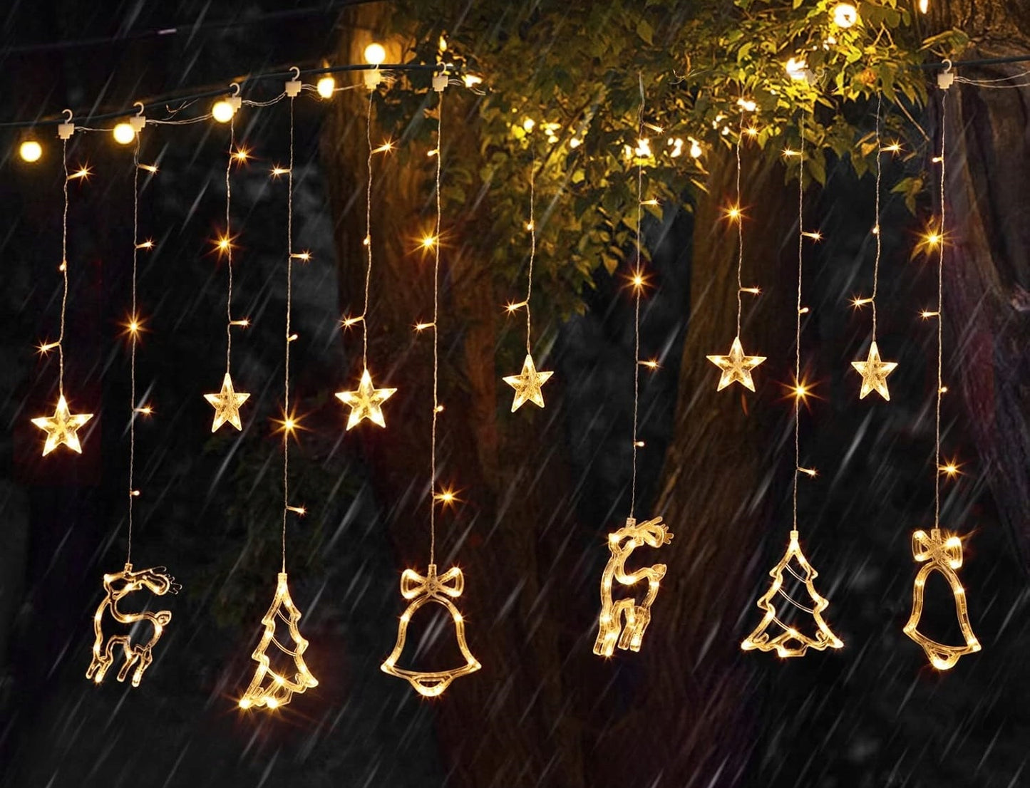 Kalėdinė girlianda užuolaida su briedžiais, elniukais, varpeliais ir eglutėmis