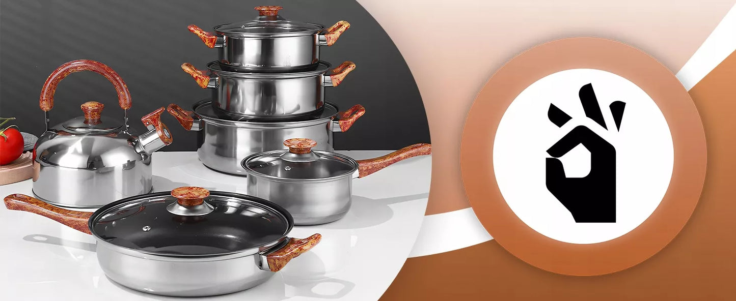 11 VIENETŲ VIRTUVĖS PUODŲ KOMPLEKTAS DUJOMS, INDUKCIJAI, ARBATINUKAS, KEPTUVĖ + DANGČIAI