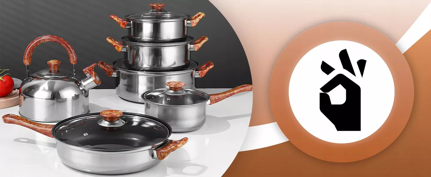 11 VIENETŲ VIRTUVĖS PUODŲ KOMPLEKTAS DUJOMS, INDUKCIJAI, ARBATINUKAS, KEPTUVĖ + DANGČIAI