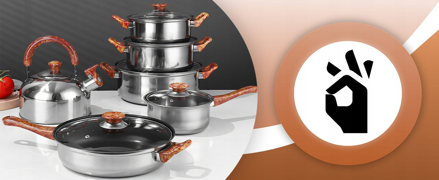 11 VIENETŲ VIRTUVĖS PUODŲ KOMPLEKTAS DUJOMS, INDUKCIJAI, ARBATINUKAS, KEPTUVĖ + DANGČIAI