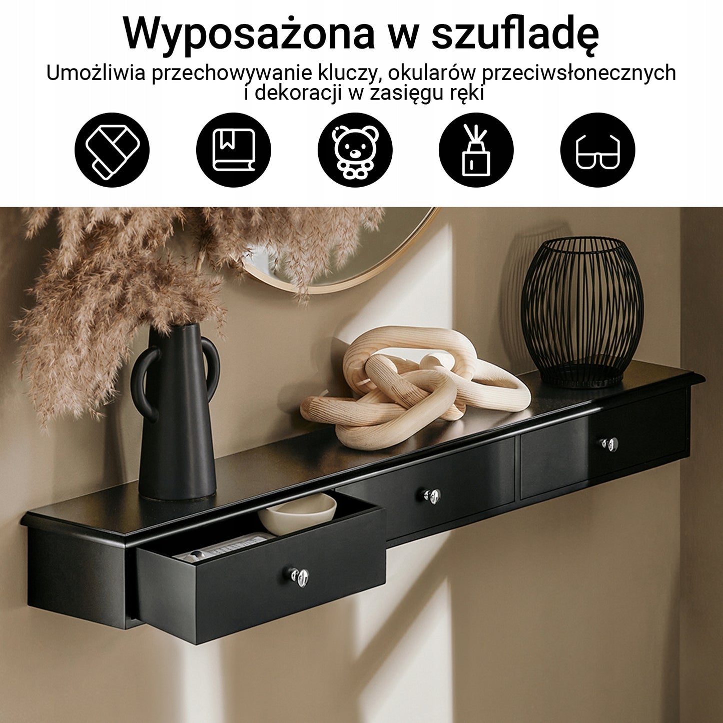 Sobuy Sieninė pakabinama lentyna su 3 stalčiais, miegamojo lentyna FRG43-L-SCH