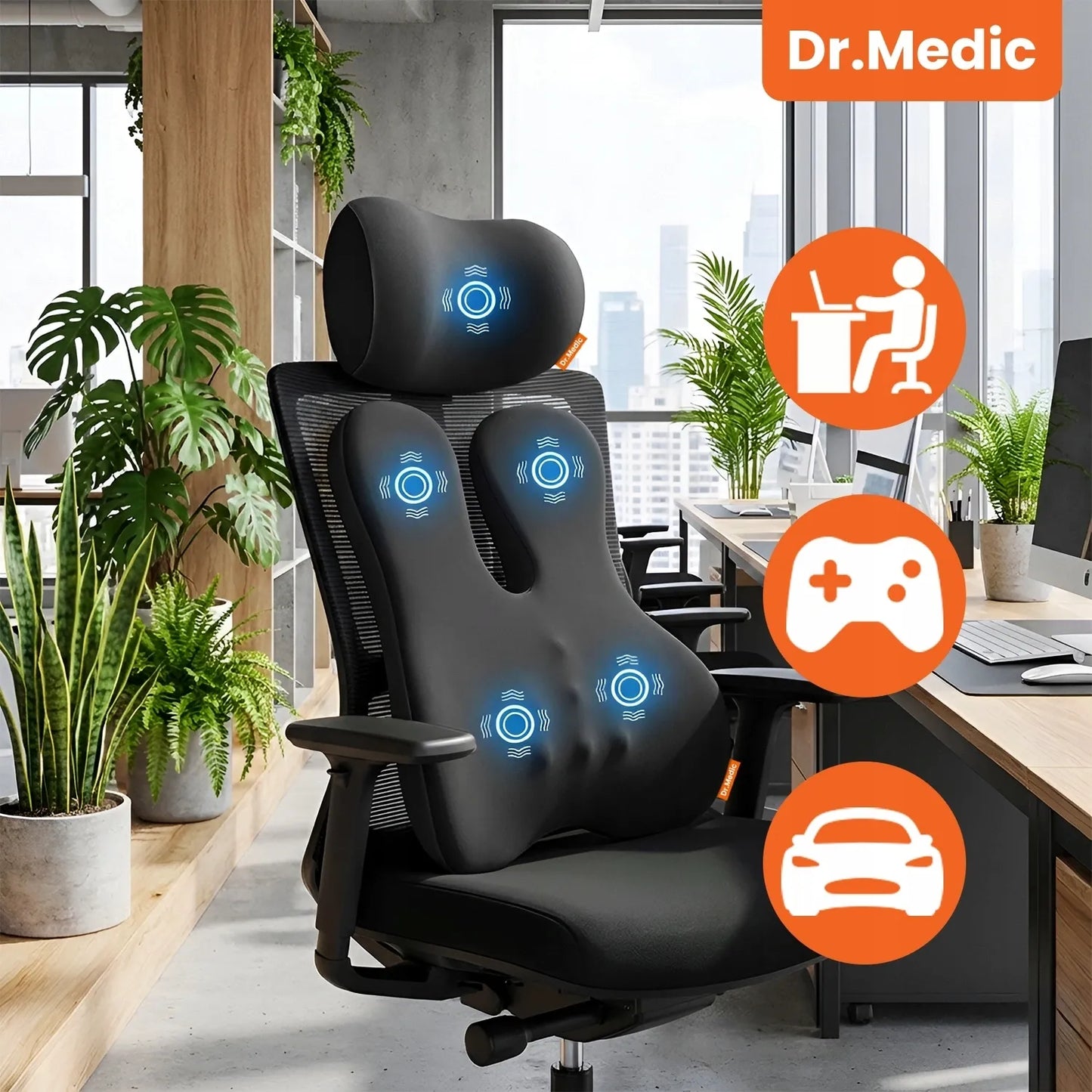 2 viename automobilio ir biuro pagalvė su masažuokliu ir šildymu DR.MEDIC