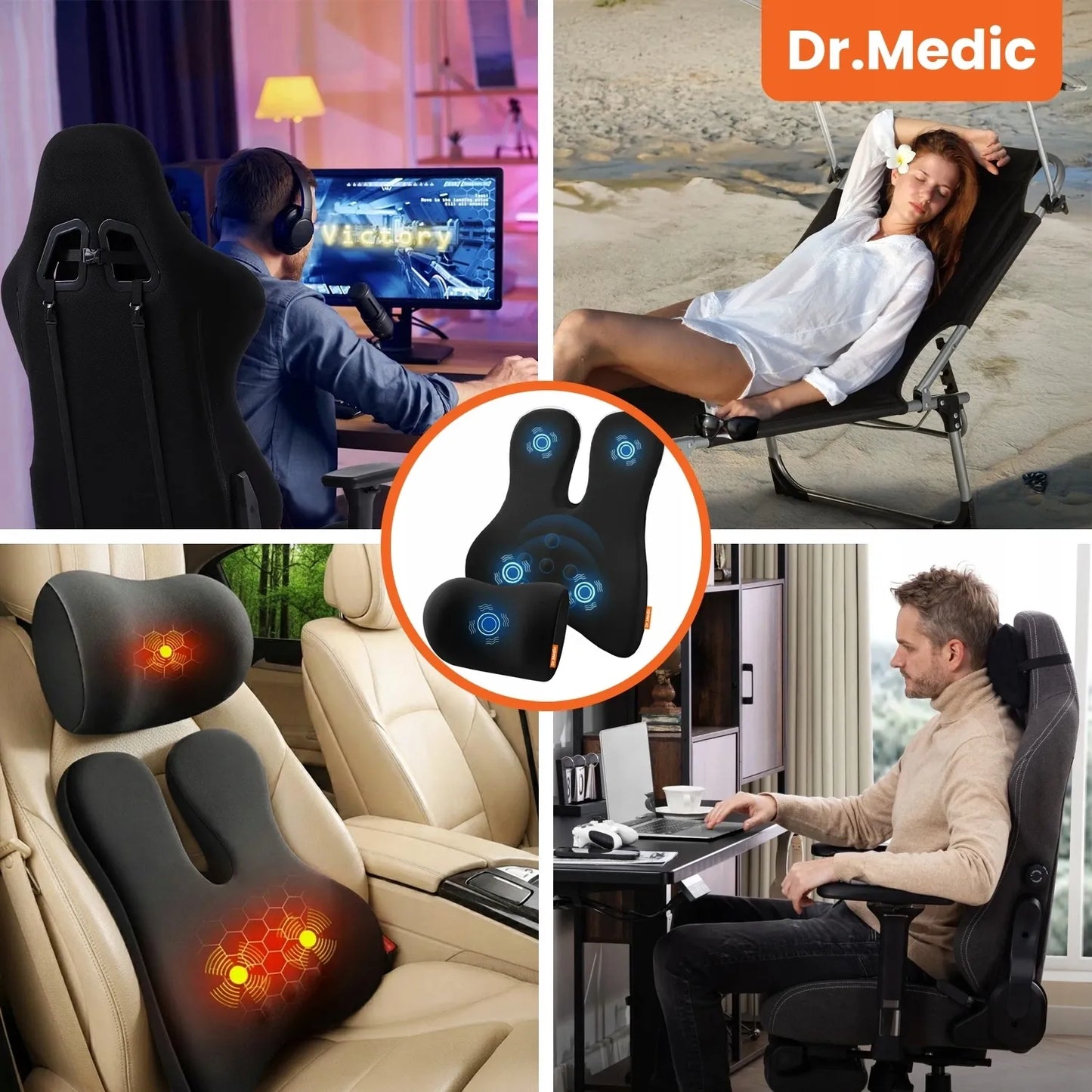 2 viename automobilio ir biuro pagalvė su masažuokliu ir šildymu DR.MEDIC