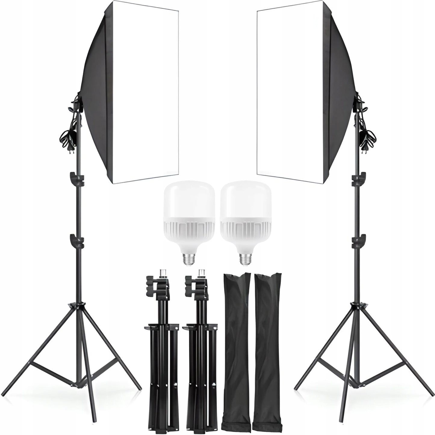 2 vnt. fotografijos rinkinys: 2 fotoaparatų lempos + stovai + 50x70 cm softboksai