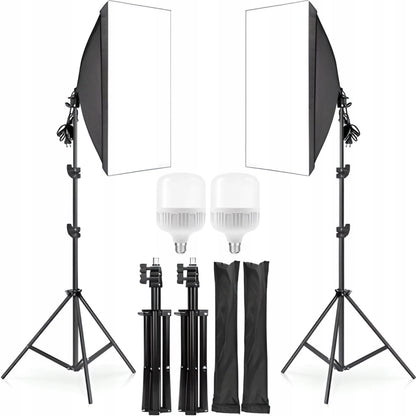2 vnt. fotografijos rinkinys: 2 fotoaparatų lempos + stovai + 50x70 cm softboksai