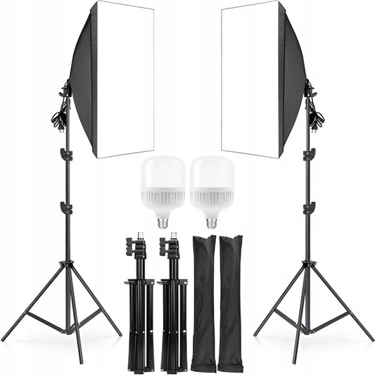 2 vnt. fotografijos rinkinys: 2 fotoaparatų lempos + stovai + 50x70 cm softboksai