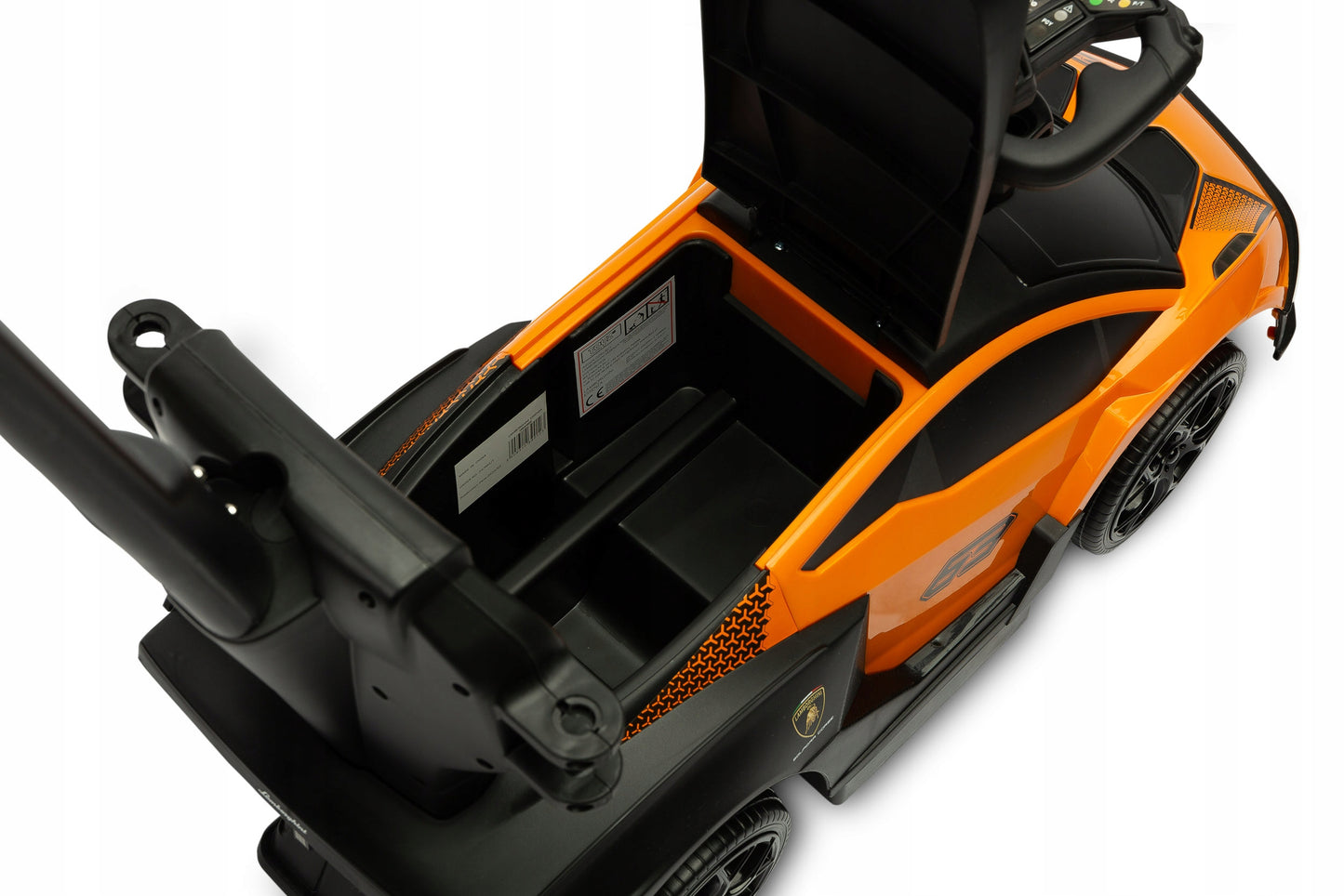 Vaikiškas paspiriamas automobilis su rankena LAMBORGHINI 3in1, žaislinis automobilis, sėdynė iš ekoodos