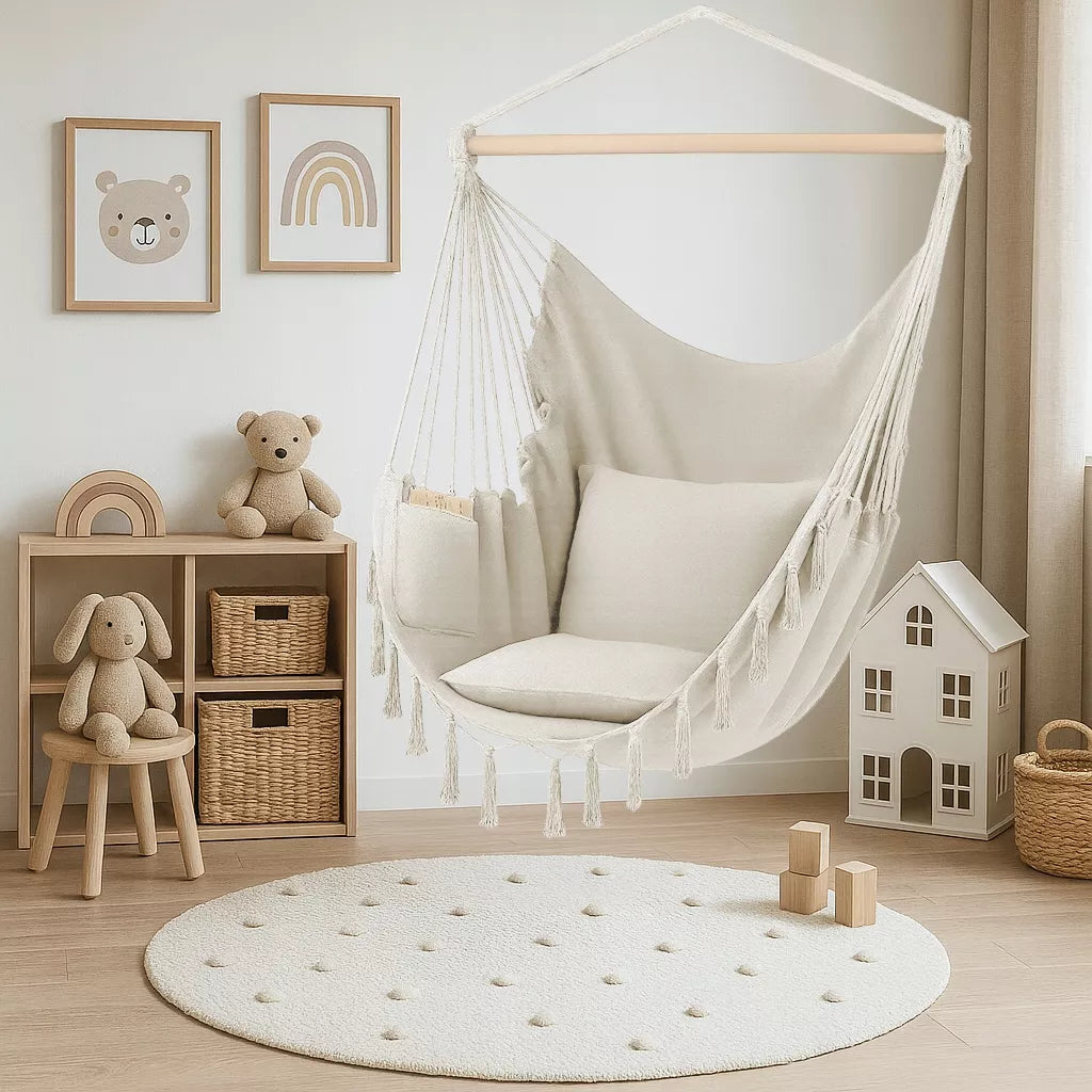 Pakabinamas BOHO krėslas Braziliška kėdė Sodo hamakas balkonui ŠVIESIAI SMĖLINĖ