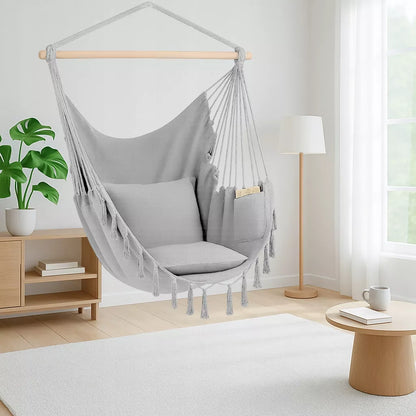 BOHO stiliaus pakabinamas krėslas braziliškas hamakas sodui ir balkonui PILKAS