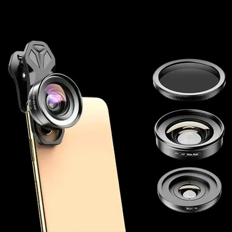 2in1 „Apexel“ telefono objektyvų rinkinys: 10x „Makro“ ir 120° plataus kampo