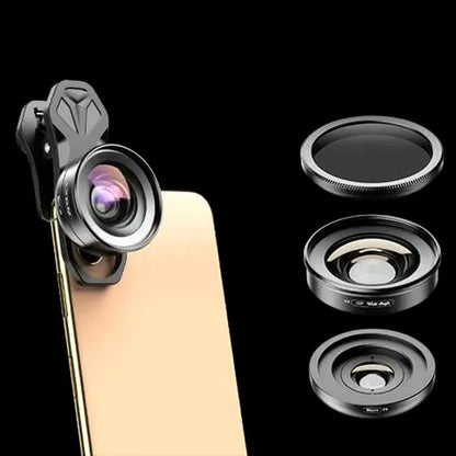 2in1 „Apexel“ telefono objektyvų rinkinys: 10x „Makro“ ir 120° plataus kampo