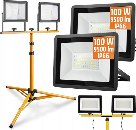 2x 100W LED prožektorių rinkinys su stovu – 200W darbo apšvietimas statyboms IP66