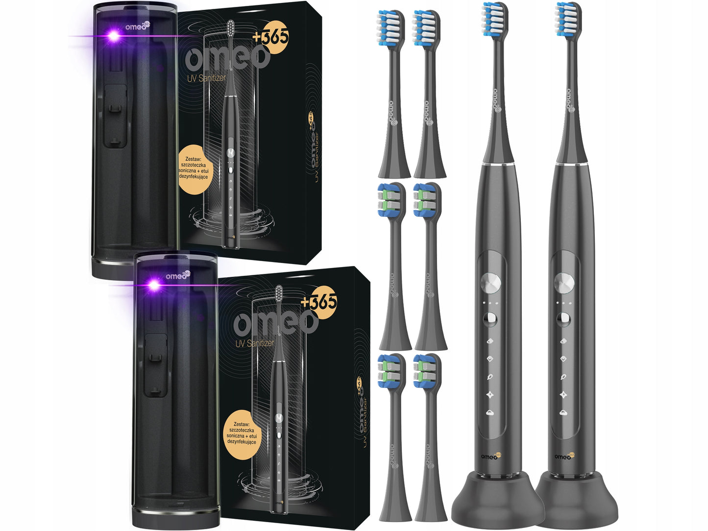 2 vnt. Elektrinis soninis dantų šepetėlis OMEO +365 UV dezinfekcinis įrenginys Juodas