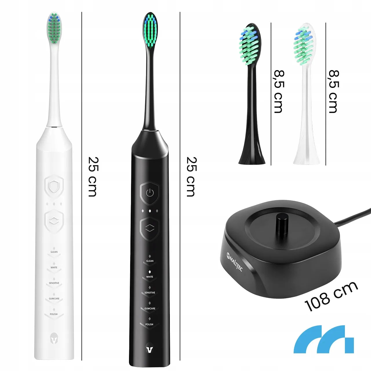 2x Maltec Toothie X2in1 elektrinis dantų šepetėlis su 6 antgaliais ir įkrovikliu