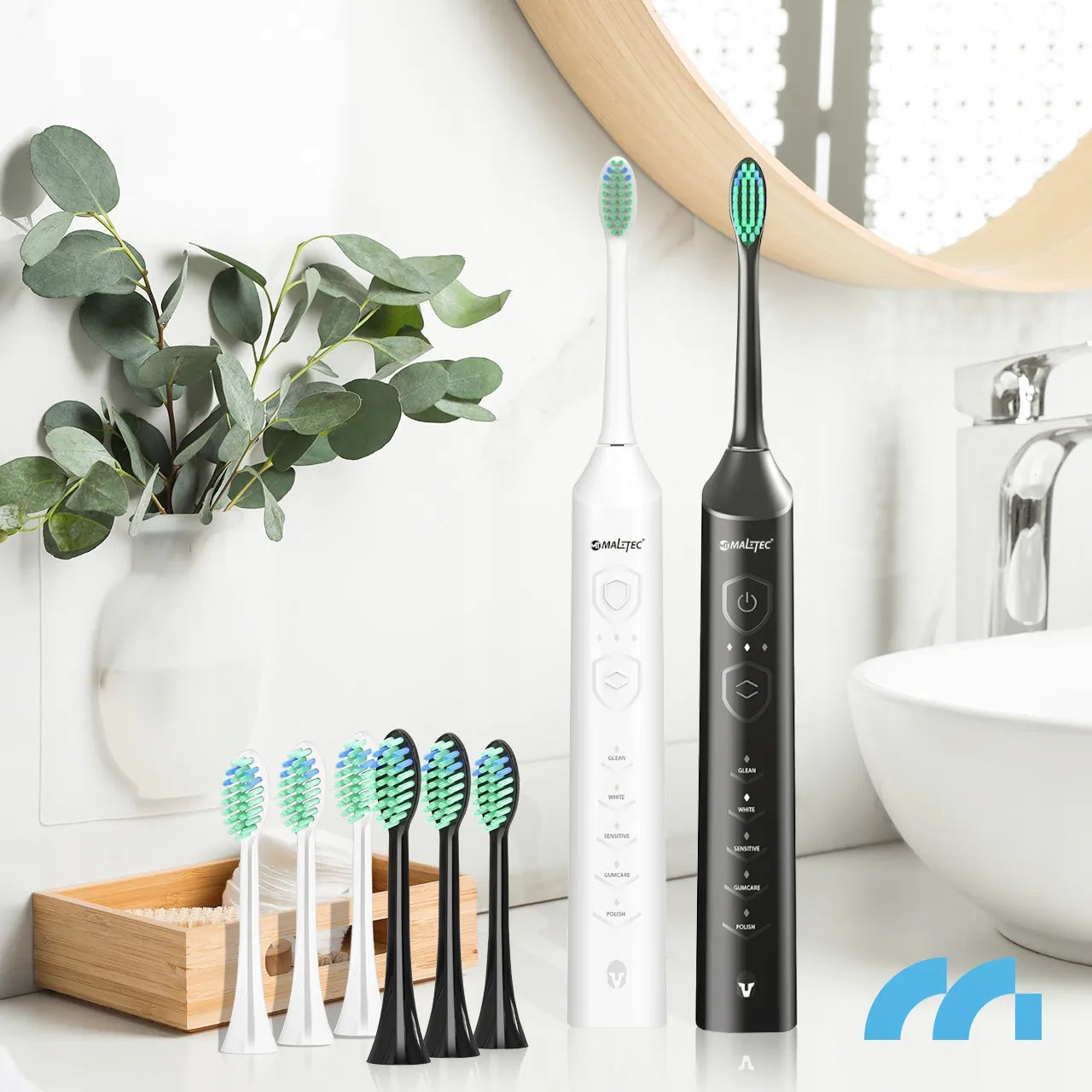2x Maltec Toothie X2in1 elektrinis dantų šepetėlis su 6 antgaliais ir įkrovikliu